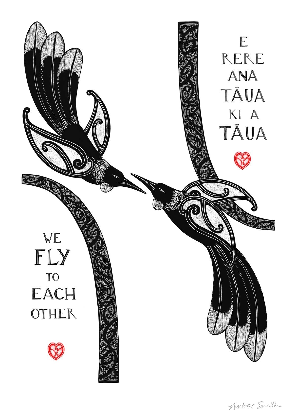 New Zealand tūī art print, We Fly to Each Other, featuring tūī birds and aroha hearts, with a message in te reo Māori and English about finding your way back to each other and being together again.