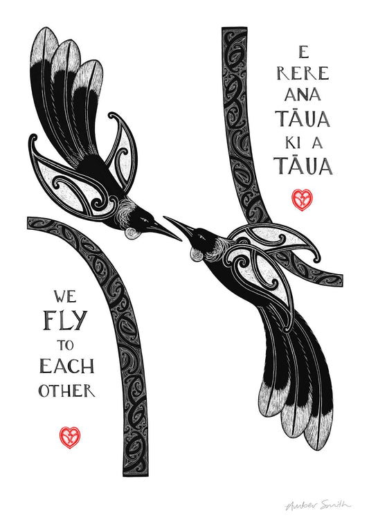 New Zealand tūī art print, We Fly to Each Other, featuring tūī birds and aroha hearts, with a message in te reo Māori and English about finding your way back to each other and being together again.