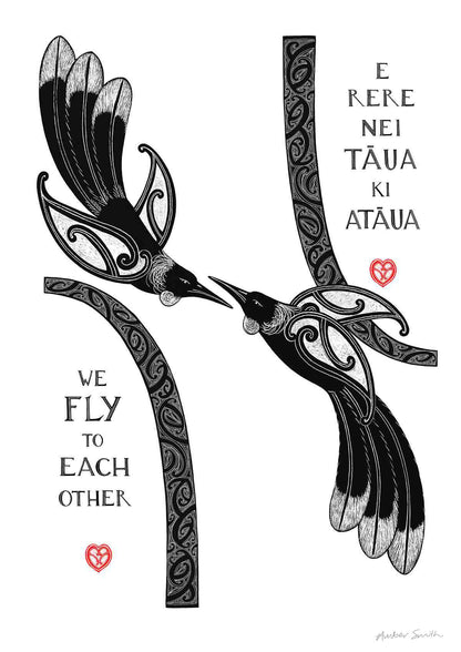 we fly to each oth, tui art work with te reo maori 