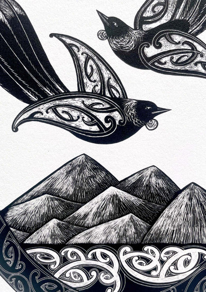Detail of Tui art print with maori design birds and sea. Te reo maori art, whaia te iti kahurangi - seek the treasure you value most dearly. Limited edition nz art print by Amber Smith