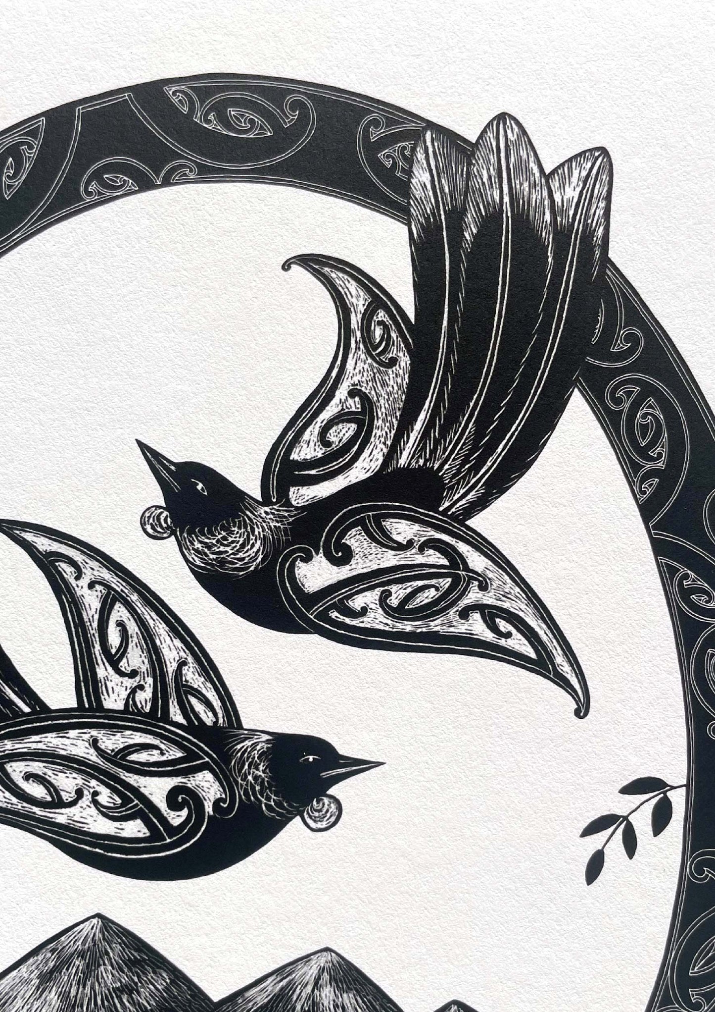 Detail of tui art print with maori design birds and sea. Te reo maori art, whaia te iti kahurangi - seek the treasure you value most dearly. Limited edition nz art print by Amber Smith