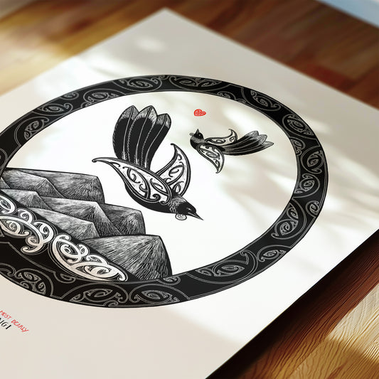 Deatail of Reach for What Matters – Whaia te Iti Kahurangi, New Zealand tūī art print featuring two tūī soaring above mountains and the sea, inspired by a te reo Māori whakataukī about pursuing your dreams and having the courage to keep going.