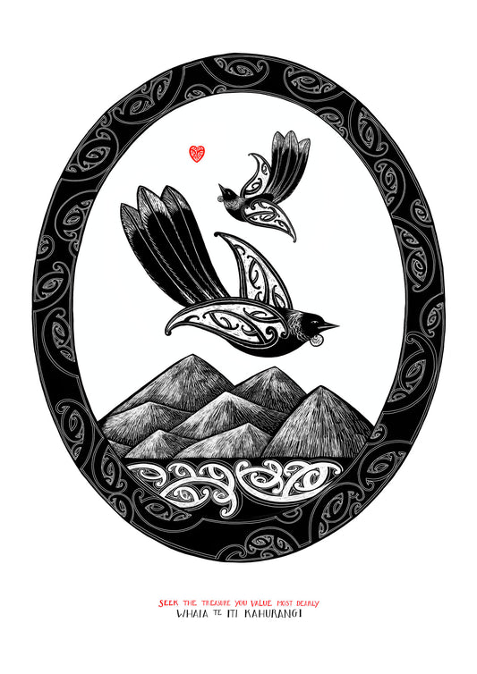 Reach for What Matters – Whaia te Iti Kahurangi, New Zealand tūī art print featuring two tūī soaring above mountains and the sea, inspired by a te reo Māori whakataukī about pursuing your dreams and having the courage to keep going.