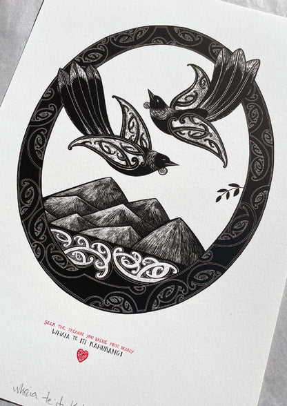 Tui art print with maori design birds and sea. Te reo maori art, whaia te iti kahurangi - seek the treasure you value most dearly. Limited edition nz art print by Amber Smith