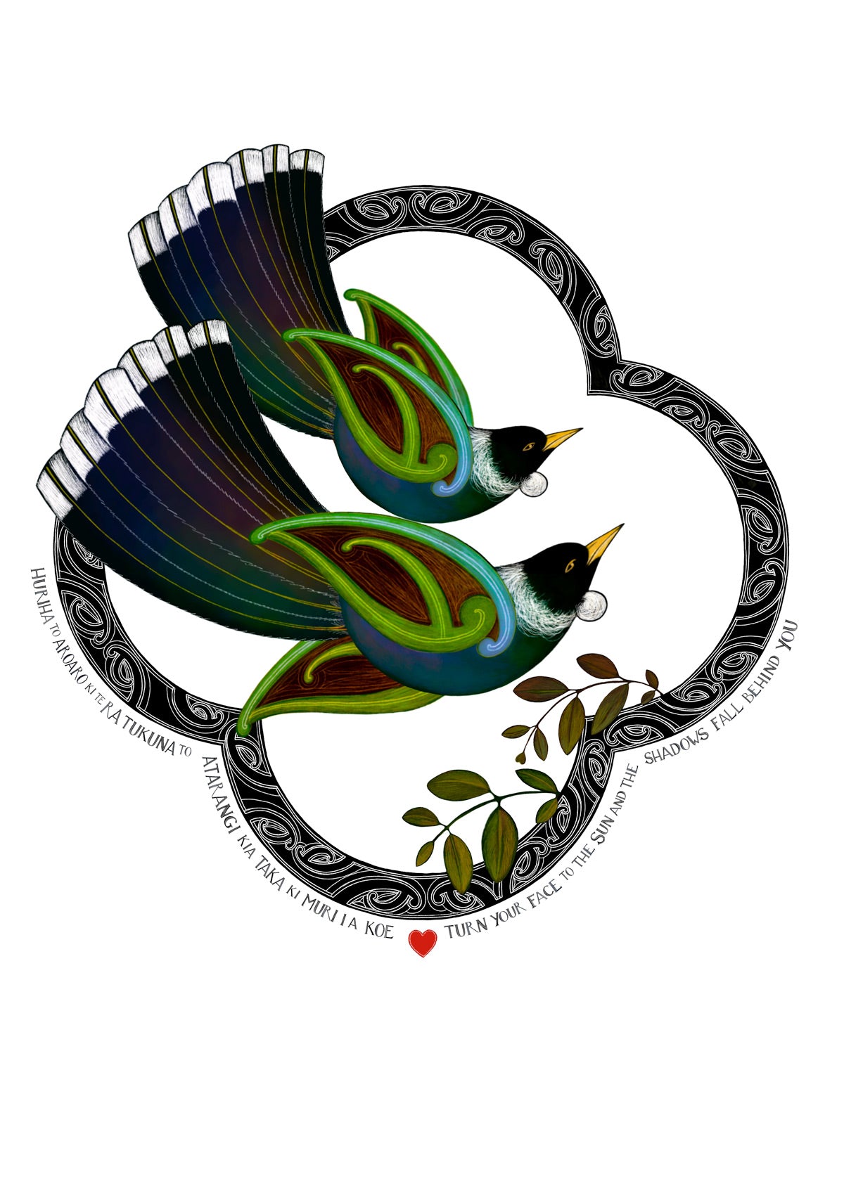 turn your face to the sun art print with tui birds and whakatauki in te reo maori