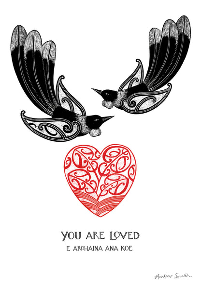 Black and white tui art print with red heart and Māori love message