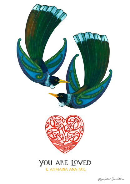 Te reo Māori art print You Are Loved with two tui birds and red kowhaiwhai heart