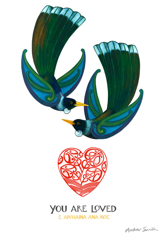 Te reo Māori art print You Are Loved with two tui birds and red kowhaiwhai heart