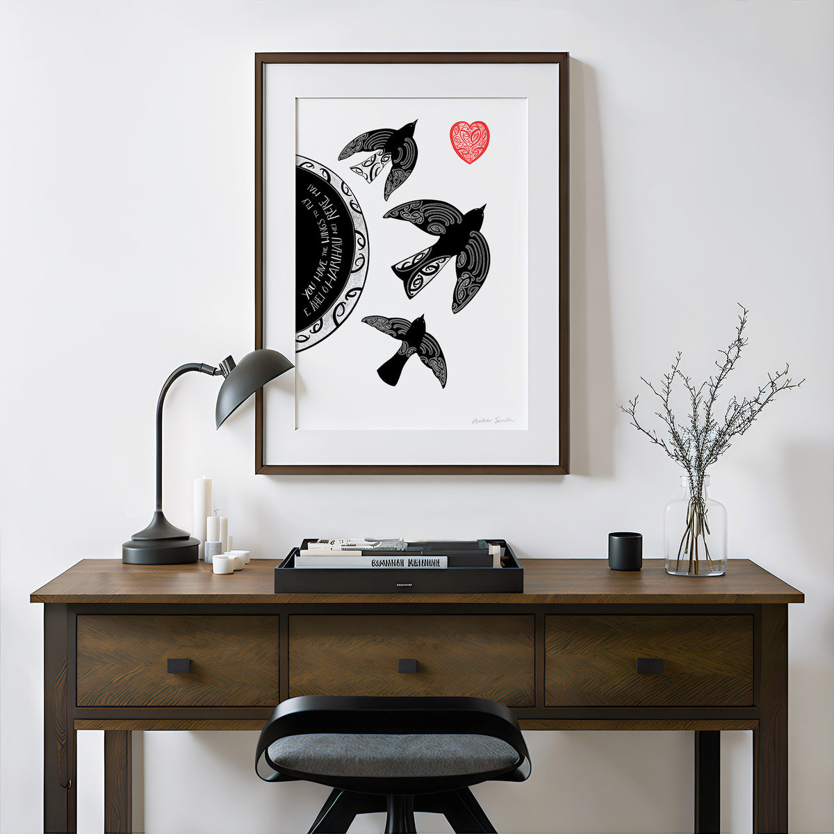 Motivational New Zealand bird art print, You Have the Wings to Fly, featuring birds in flight with kōwhaiwhai and koru patterns woven through their feathers, inspired by a te reo Māori whakataukī about having the wings to fly.