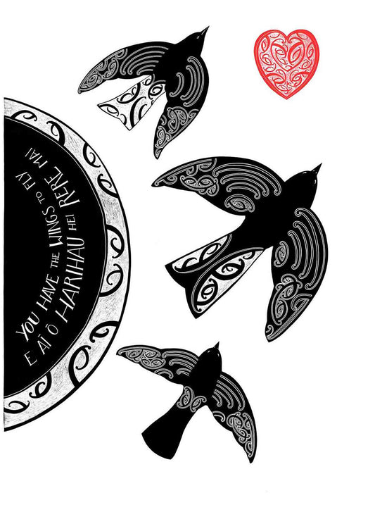 Hei Rere Mai - You have the wings to fly limited edition fine art print by Amber Smith nz artist. With maori art design birds and words in te reo Maori and english. This whakatauki or maori proverb is about encouragement. ~ E āi ō harihau hei rere mai