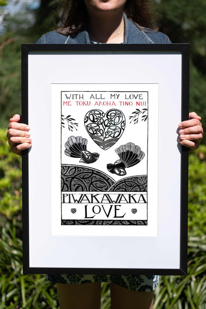 framed fantail piwakawaka nz art print, a maori art love heart, arohanui, with all my love by amber smith