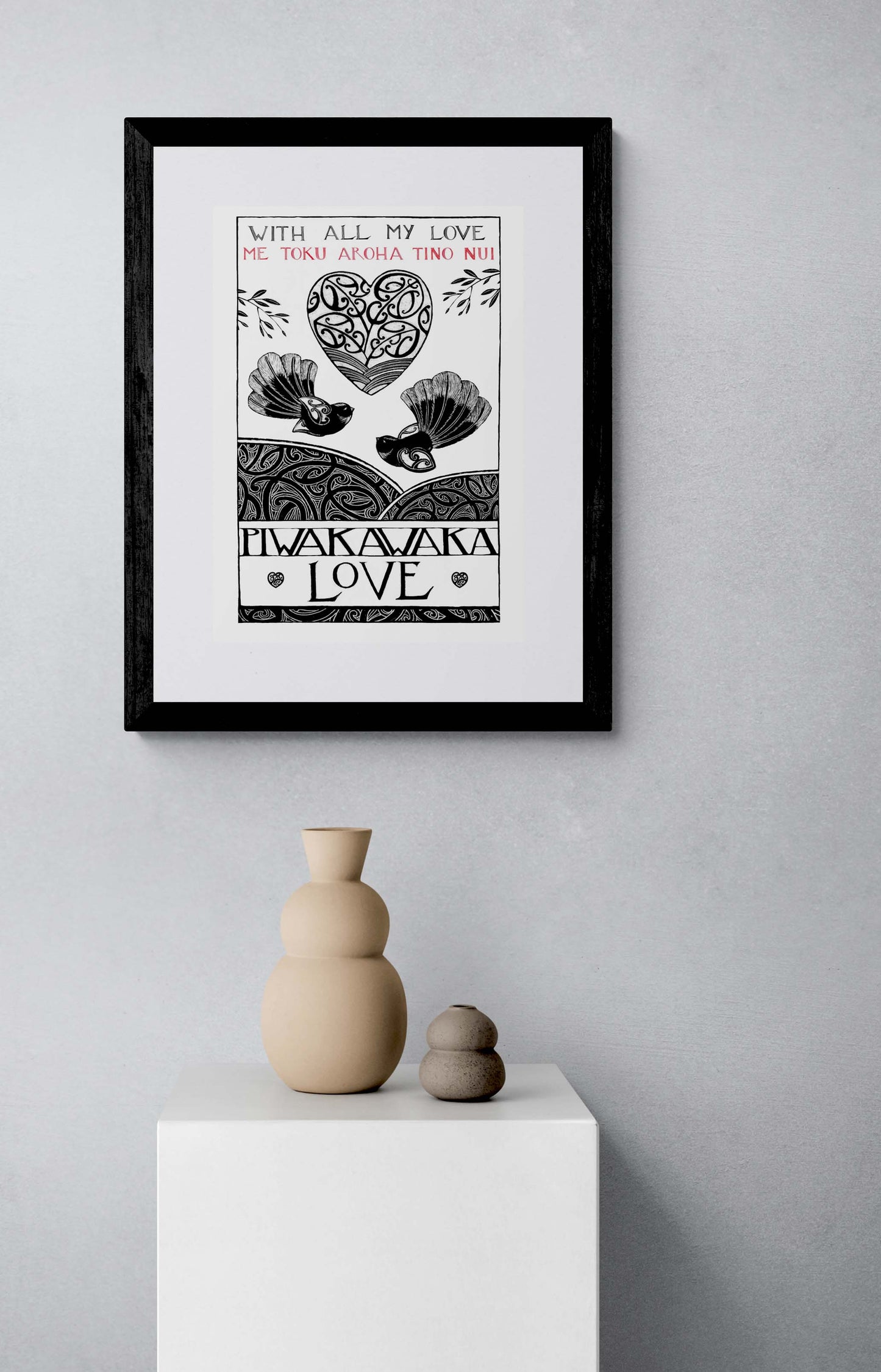 framed fantail piwakawaka nz art print, a maori art love heart, arohanui, with all my love by amber smith