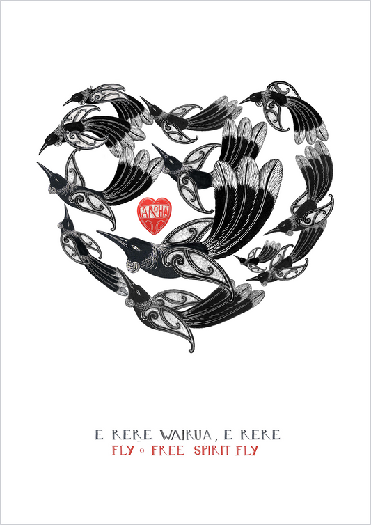 New Zealand tūī art print, E Rere Wairua – Fly Free, Spirit Fly, featuring a gathering of tūī flying together in the shape of a heart, symbolising love, letting go and the enduring connection with someone who has passed away.