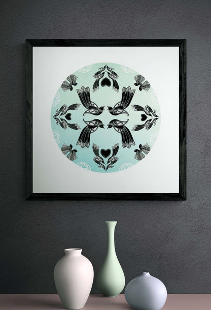 Framed Manu mandala print with maori art design tui and fantail. Manu is the te reo maori name for bird. limited edition fine art print by Amber Smith nz artist.