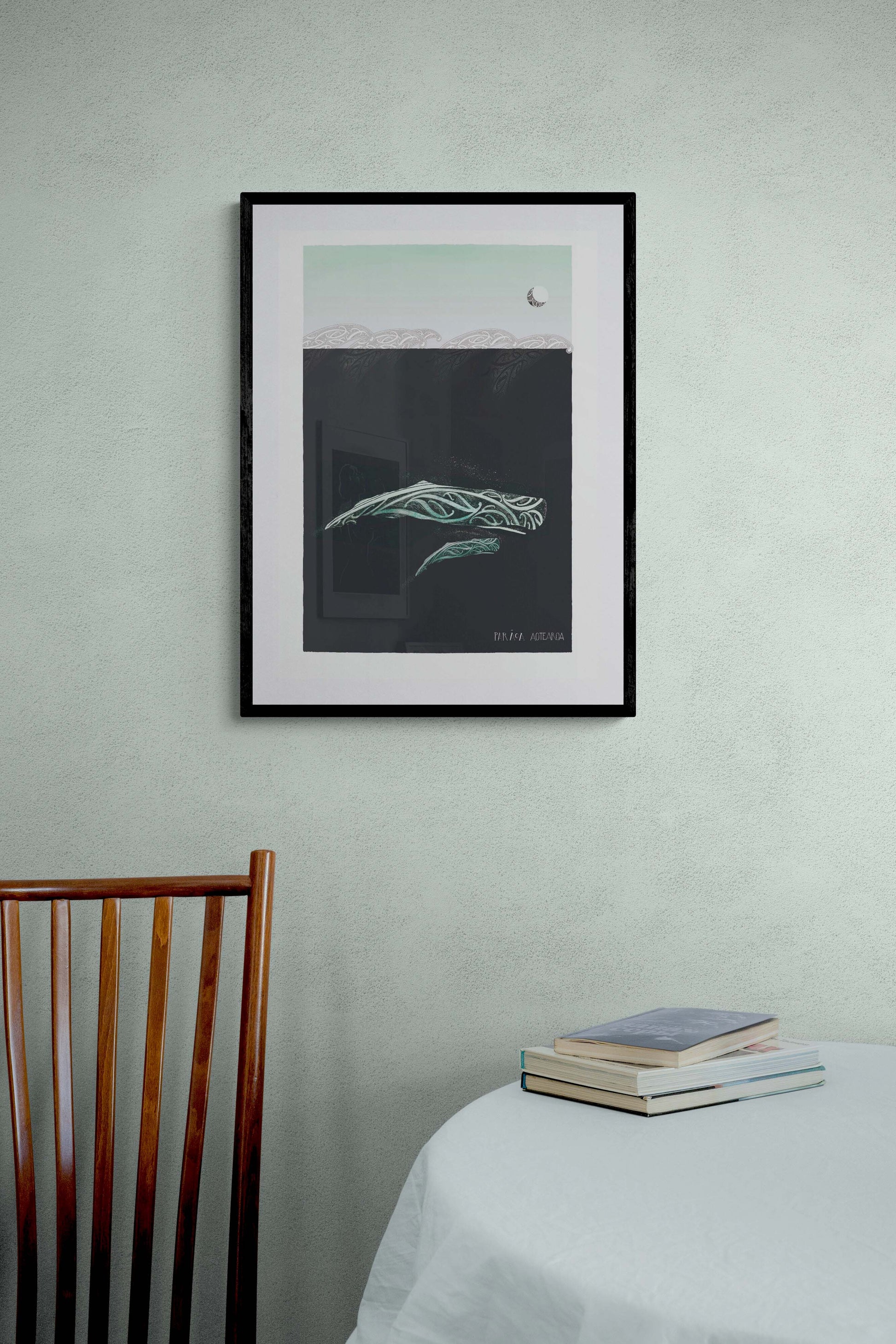 Framed Parāoa whale print with maori art design sperm whale and calf with te reo maori. Limited edition nz art print by Amber Smith