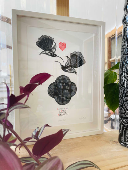 Framed Huia Wairua limited edition art print by nz artist Amber Smith. I am there by you in spirit - always and forever written in te reo Maori and English translation. Maori art design Huia birds and aroha love heart.